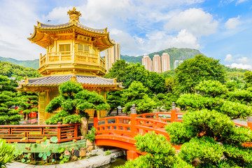 Gold Chinese pavilion at the park of Hong Kong