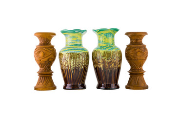 Decorative ceramic and wooden vase isolated