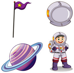 Obraz premium An astronaut, a planet, a banner and a helmet