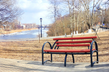 spring landscape city park bench