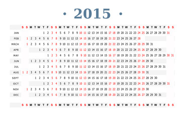 Horizontal calendar for year 2015
