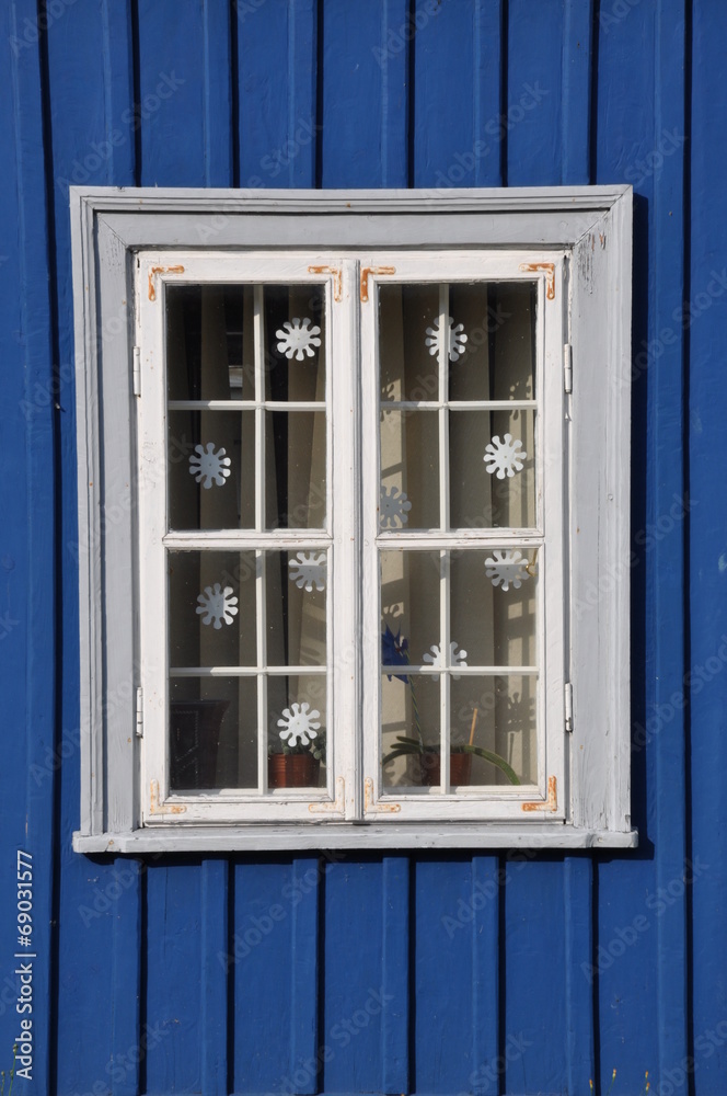 Wall mural wooden white window and blue wall