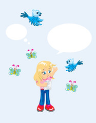 Little girl with bird and butterfly, art vector
