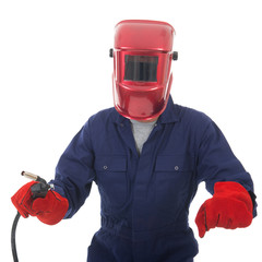 man with welding mask - obrazy, fototapety, plakaty