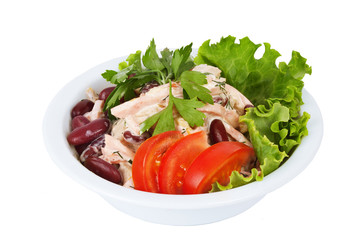 salad with beans, mayonnaise, meat and tomatoes into a bowl