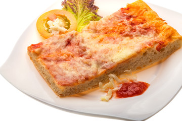 Pizza with tomato sauce and mozarella