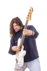 rock musician playing electric bass guitar