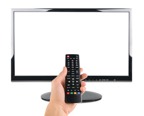 Male hand holding remote control to the TV  isolated on white