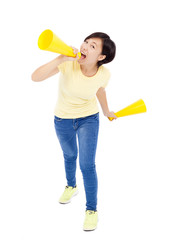 happy student girl holding megaphone over white background