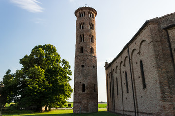 Obraz premium Romanesque cylindrical bell tower of countryside church