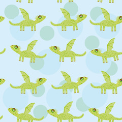 Fototapeta premium Seamless pattern with funny cute dragon on a blue background. Ve