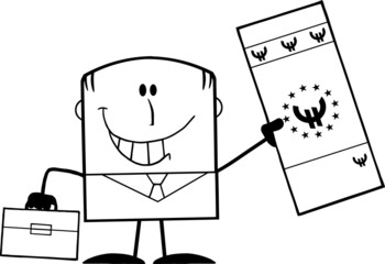 Black And White Lucky Businessman Holding A Euro Bill