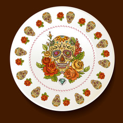 Skull and Flowers on a white plate