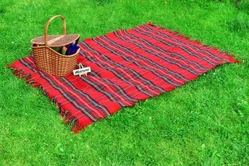 Cercles muraux Pique-nique Picnic blanket and basket on the lawn