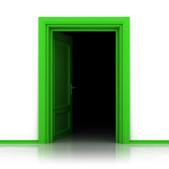 isolated single green opened door in closeup 3D