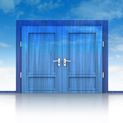 double wooden door closed in sky background 3D