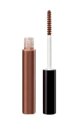 photography of brown mascara wand and tube on white background