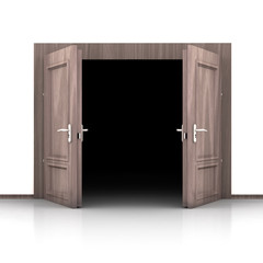 isolated double wooden opened out door detail 3D