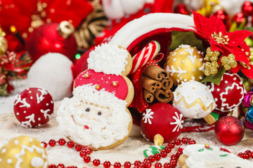 Christmas Cookies. Sweet Sugar Santa Hat, lolly and gingerman