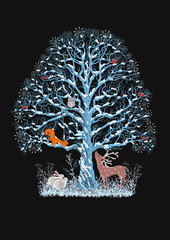 Big blue tree with different animals on black background