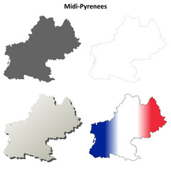 Midi-Pyrenees blank detailed outline map set