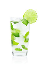 Mojito drink in dewy glass,cold water,ice cubes,mint and limes