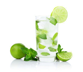 Mojito drink in dewy glass,cold water,ice cubes,mint and limes