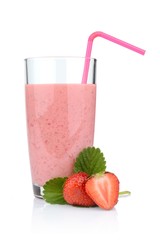 Several sliced strawberries with leaf,juice and straw isolated
