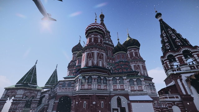 Plane passing at The Cathedral of Vasily the Blessed in Moscow