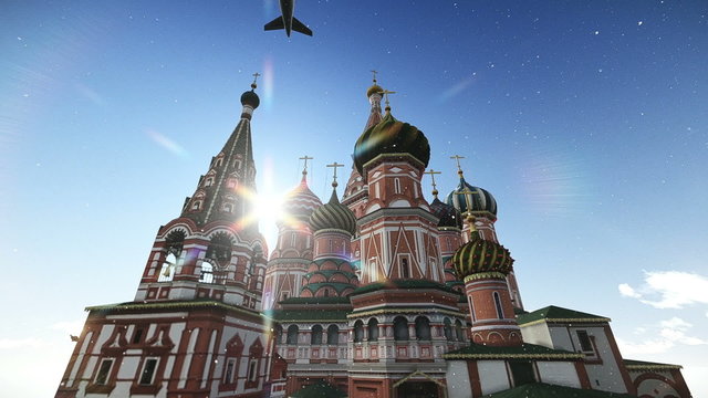 Plane passing at The Cathedral of Vasily the Blessed in Moscow