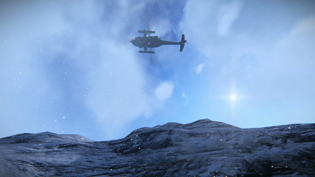 Rescue helicopter flying over a mountain