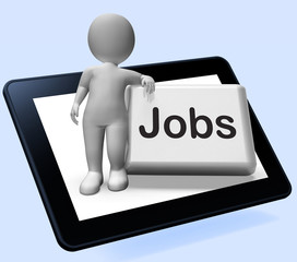 Jobs Button With Character Tablet Shows Hiring Recruitment Onlin