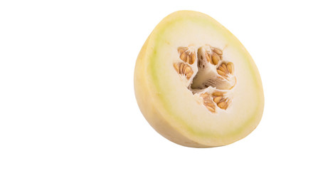 Slice of honeydew fruit over white background 