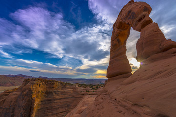 Beautiful sunset sky south side view of Delicate Arch