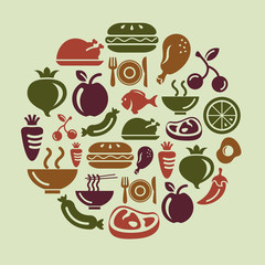 Food, Fruits and Vegetables Icons in Circle Shape