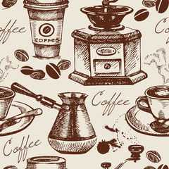 Nahtloses Muster des Weinlesekaffees. Handgezeichnete Abbildung