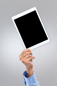 Man with blank screen of digital tablet