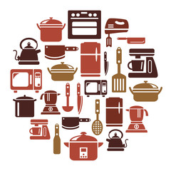 Kitchen Utensils and Appliances Icons in Circle Shape