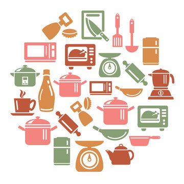 Kitchen Utensils and Appliances Icons in Circle Shape