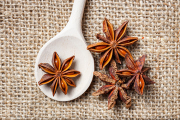 Star anise, wooden spoon
