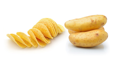Potato chips and potato isolated on white background