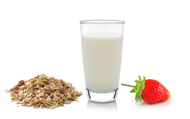 glass of milk ,strawberry and muesli on white background