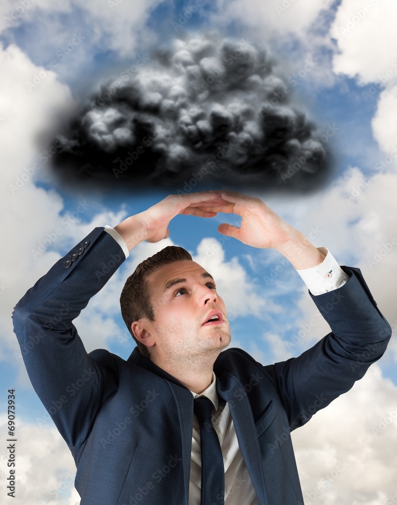 Poster composite image of businessman standing with hands over head