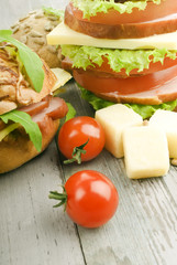 Closeup of homemade hamburger with fresh vegetables