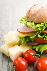 Closeup of homemade hamburger with fresh vegetables