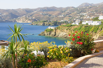 sea view, palm trees and flowers on Crete island