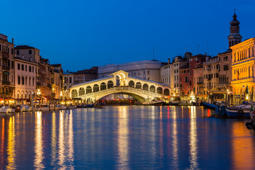 Night shot of the Rialto bridge, Venice Italy