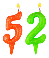 Birthday candles number fifty two isolated on white background