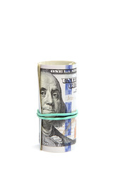 Roll of banknotes on a white background.