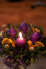 Intimate view of purple christmas wreath.